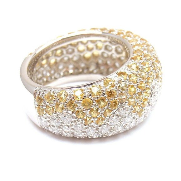 Authentic! Chopard 18k White Gold Yellow Sapphire Diamond Wave Wide Band Ring - Picture 7 of 12